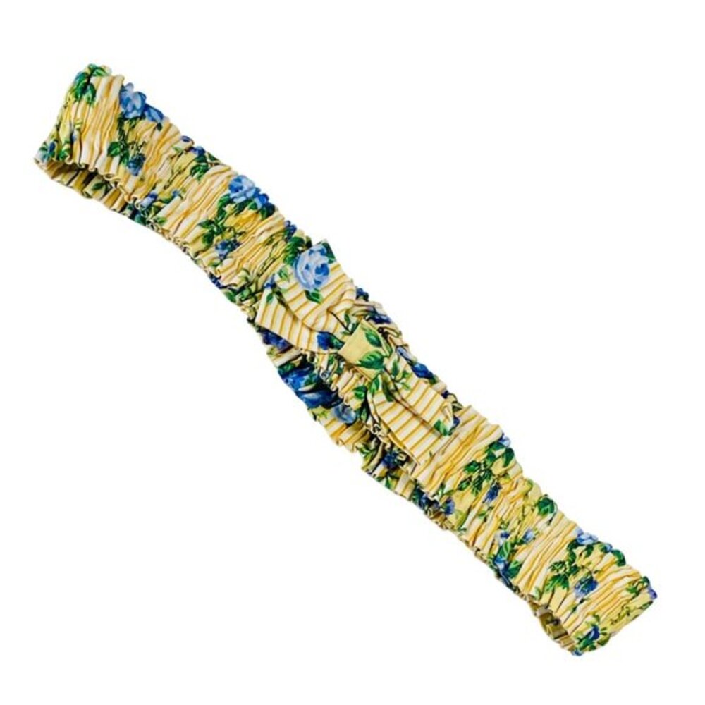 Longaberger Basket Garter Yellow Blue Floral Stripe Fabric Tie Vintage 19”